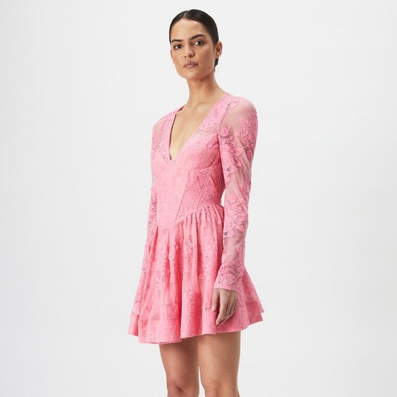 Bardot Dresses & Skirts - NWT Bardot Ellie Lace Corset Dress Hot Pink Bloom XL Mini Skirt Long Sleeve